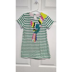 Mini Boden Green stripe short sleeve dress 100% cotton embroidered parrot 3/5T